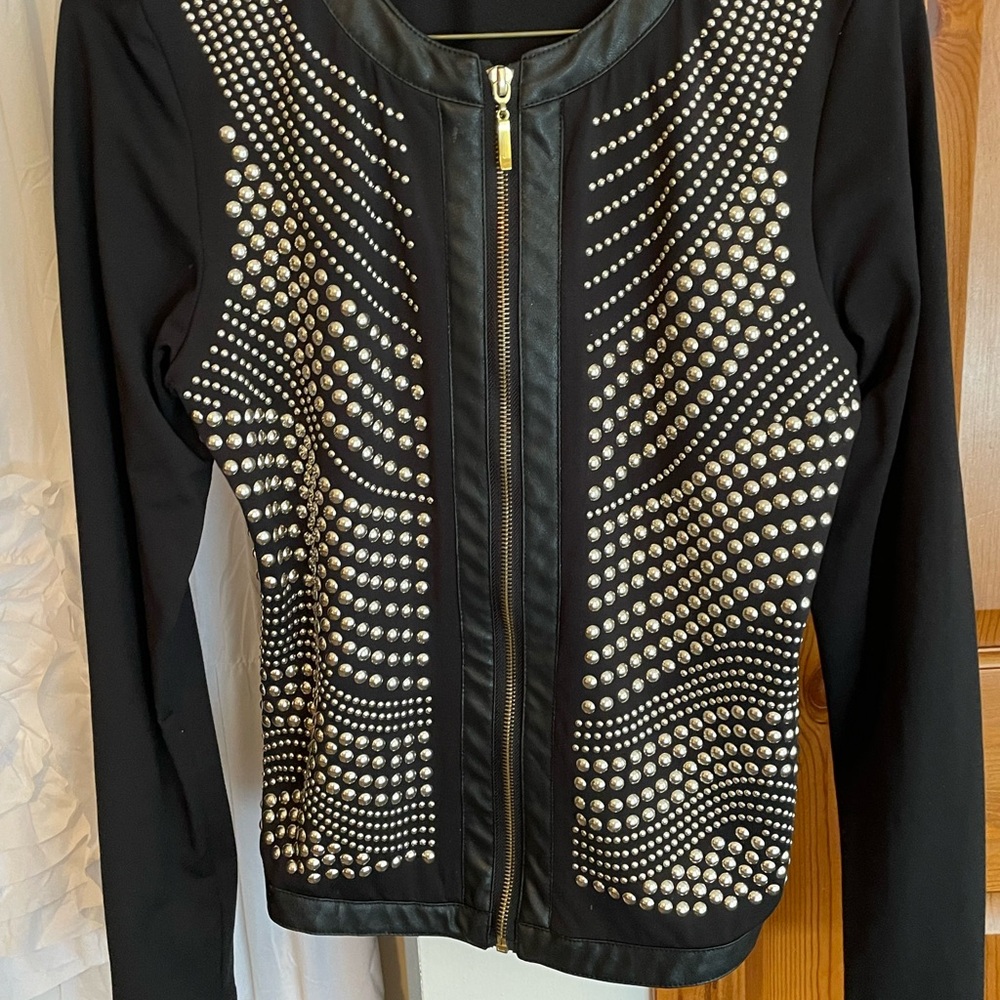 Black Studded Zip-Front Blazer Jacket
